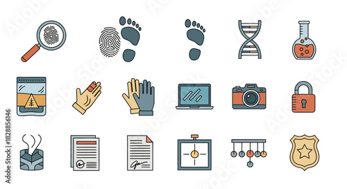 Colorful Hand Drawn Forensic Science Icon Collection.