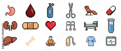 Pixel art medical icons featuring health and wellness symbols
