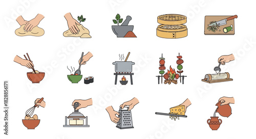Cooking Process Icons - Food Preparation and Culinary Techniques.