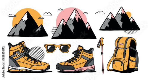 Collection of hand-drawn hiking equipment including boots, a backpack, sunglasses, a trekking pole, and mountain illustrations in a colorful doodle style for adventure and travel concepts