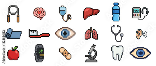 Pixel art health icons: medical equipment and wellness symbols