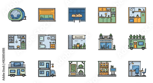 Colorful Sketch Icons for Architecture and Interior Design.