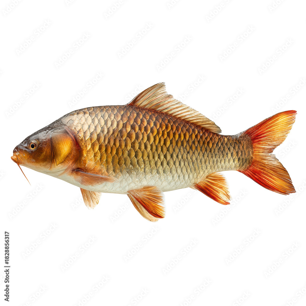 Obraz premium Colorful carp swimming gracefully in clear water, showcasing its vibrant scales and fins during a sunny day near the riverbank