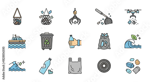 Hand drawn doodle icon set for plastic pollution and environmental cleanup.
