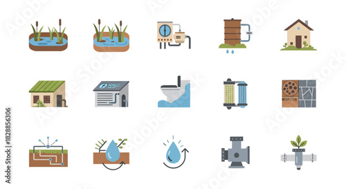 Icons of Water Treatment and Purification Systems.
