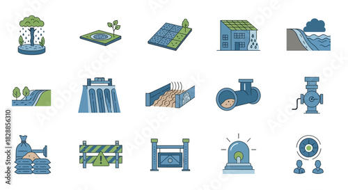 Icons Depicting Water Management and Environmental Protection Measures.