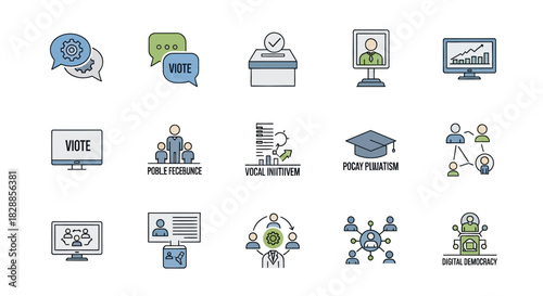 Political and Social Icons Representing Democracy and Voting.
