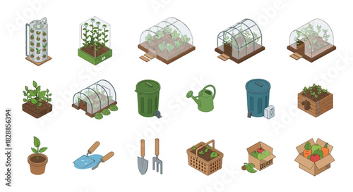 Isometric Gardening Icons Set Vector Illustration.