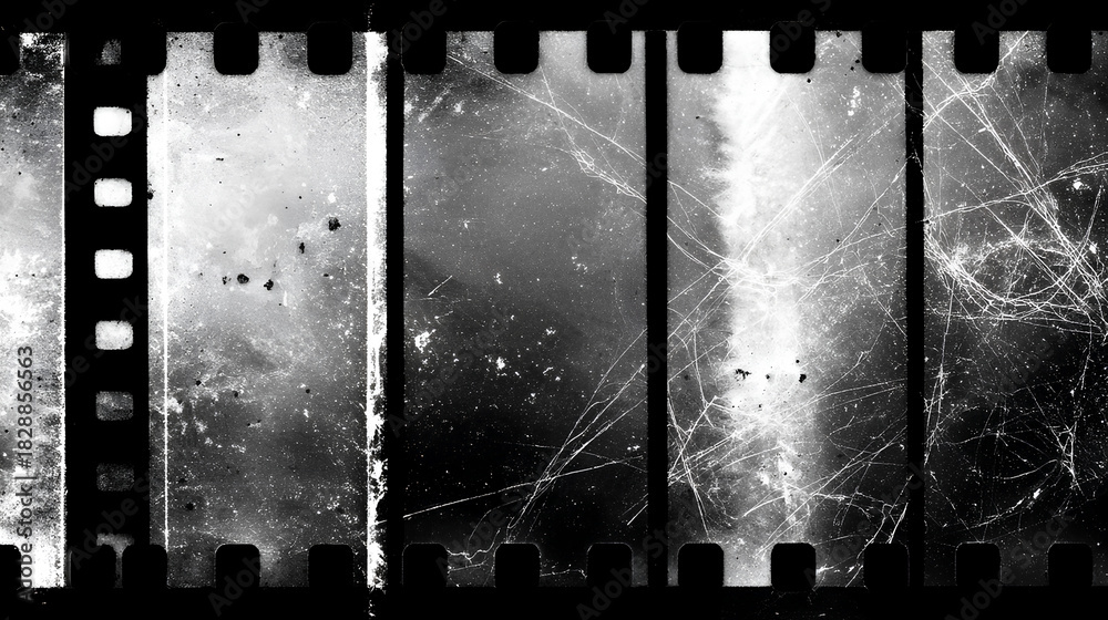 Obraz premium Old film texture with scratches, noise and glitch shapes. Realistic film texture in black-white, dust and grain. Stock Illustration