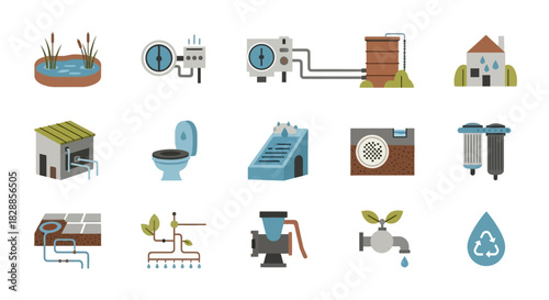 Sustainable living and eco-friendly home systems icons.