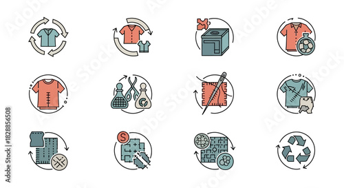 Textile Recycling and Sustainable Fashion Icons Set.