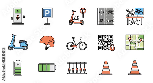 Urban Mobility and Electric Transport Icon Set.