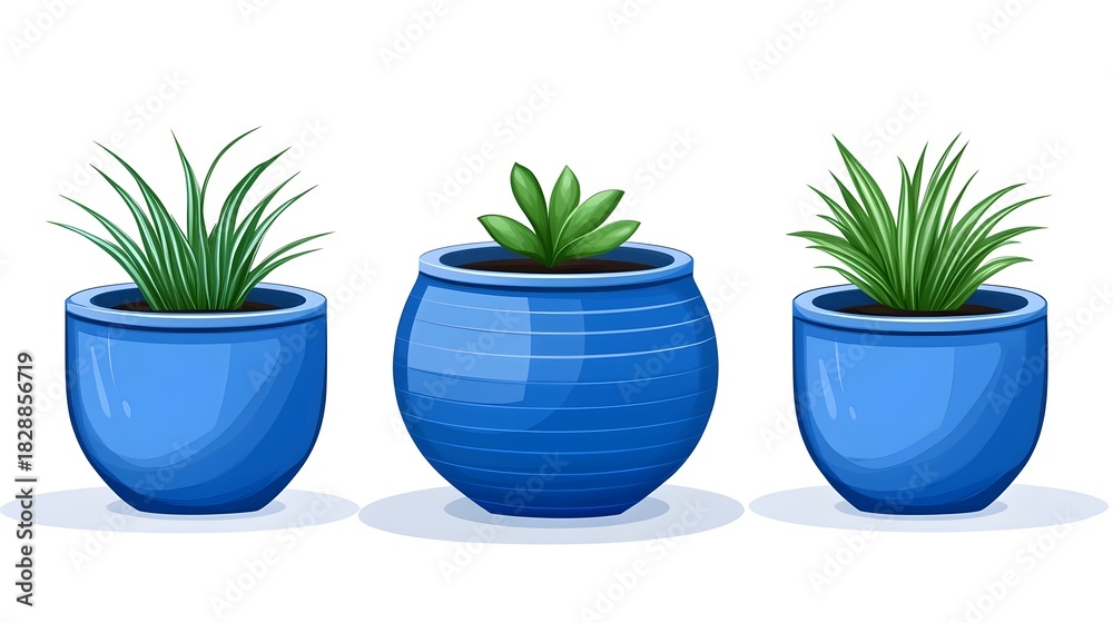 Fototapeta premium Decorative blue plant pots with greenery indoor setting illustration modern style