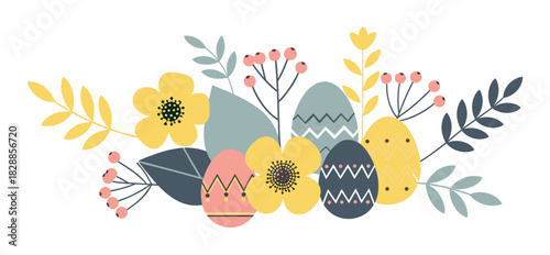 Decorative easter floral arrangement with colorful patterned eggs nestled among stylized yellow flowers, berries, and foliage in a charming flat design illustration for a spring holiday celebration