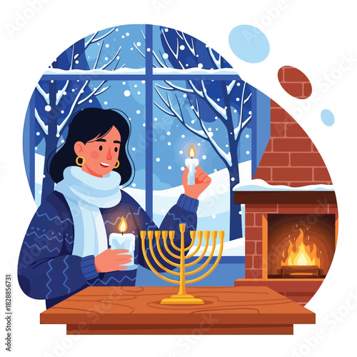 Woman lighting Hanukkah menorah candles by fireplace in winter snow scene