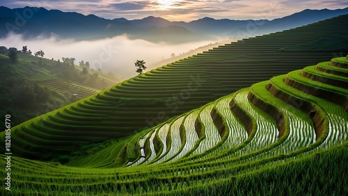Lush rice terraces in mu cang chai vietnam at sunrise