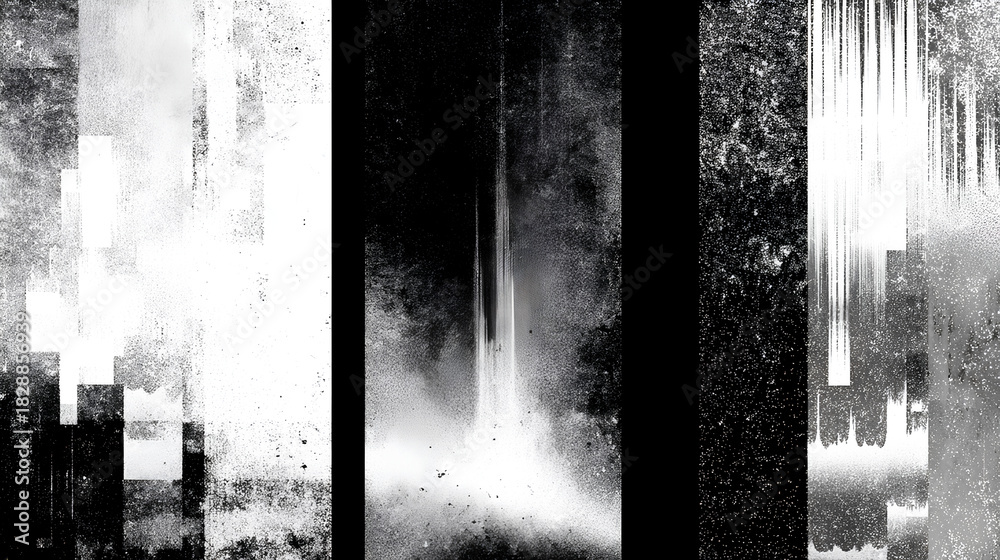 Obraz premium Old film texture with scratches, noise and glitch shapes. Realistic film texture in black-white, dust and grain. Stock Illustration