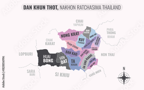Map showing Dan Khun Thot District Nakhon Ratchasima Thailand divided into sub-districts with minimalist colorful patterns