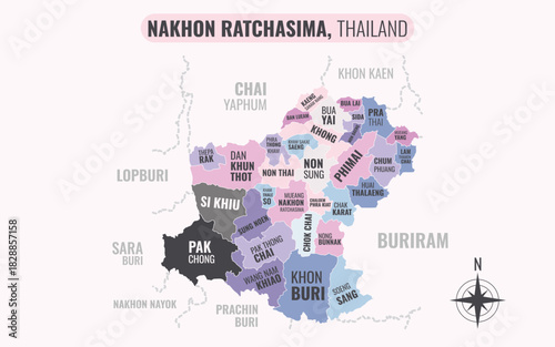 A map showing Nakhon Ratchasima Thailand divided into districts in a minimalist colorful style