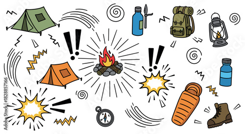 Colorful hand-drawn doodle set of camping and hiking equipment including a tent, campfire, backpack, and compass in a fun cartoon style for outdoor adventure themes