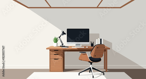 Businessman working on a laptop at a desk in a modern office interior