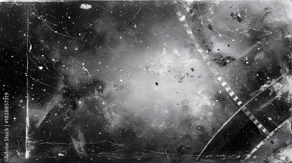 Naklejka premium Old film texture with scratches, noise and glitch shapes. Realistic film texture in black-white, dust and grain. Stock Illustration