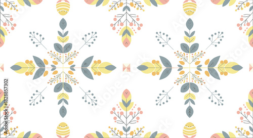 Delicate scandinavian style floral pattern featuring symmetrical arrangements of leaves, branches, and berries in a soft pastel color palette of yellow, pink, and dusty blue