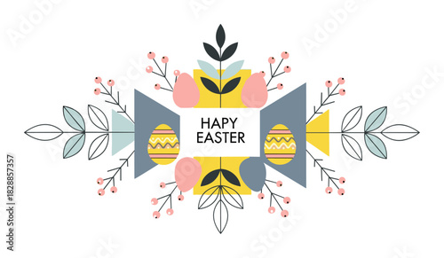 Happy easter greeting card design with decorated eggs, botanical leaves, and pink berries in a symmetrical modern flat style composition for the spring holiday celebration
