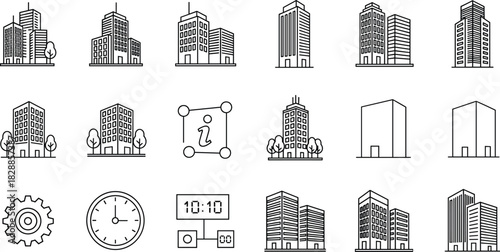 Corporate business and city architecture line icon set featuring various high-rise buildings, office towers, technical settings, clock, and information symbols for real estate and urban development co