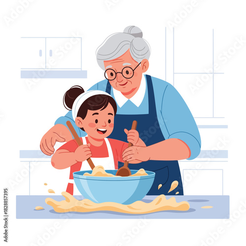 Grandmother and granddaughter joyfully baking together in the kitchen