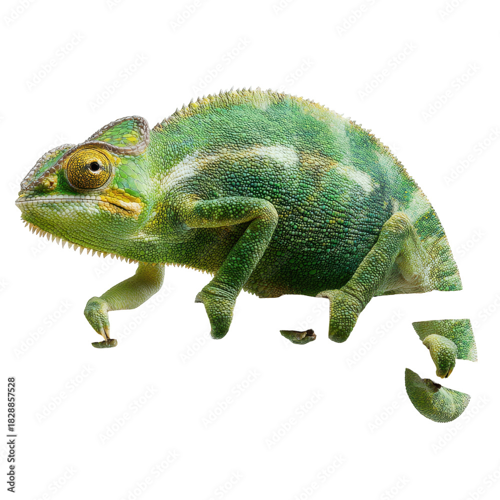 Obraz premium Colorful chameleon in mid-leap showcasing vibrant green hues and unique texture against a plain background