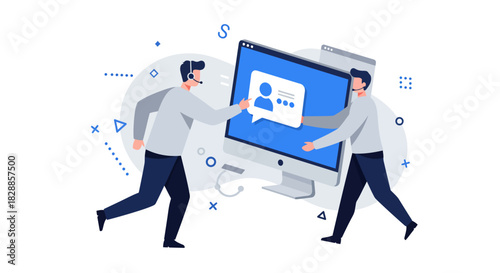 Two Customer Service Representatives Interacting with Computer Screen.