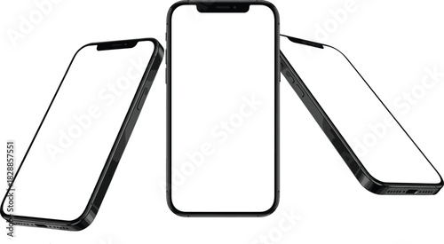 Three modern smartphone mockups with blank white screens displayed in different angled views, ideal for showcasing mobile applications, responsive web design, digital products, and technology presenta