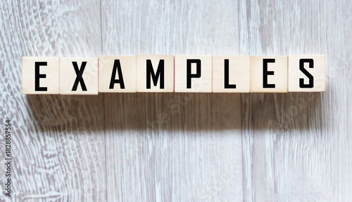 EXAMPLES of words written on wooden blocks on a gray background. The concept of leadership.