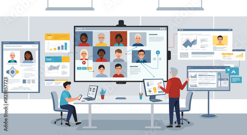 Modern Office Meeting with Video Conference and Data Display.