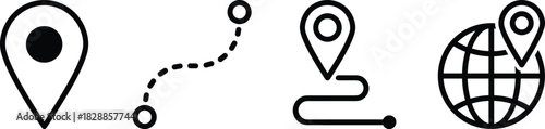 Location icons, navigation symbols, GPS elements, map pin, travel route, global positioning, black and white icons, journey path, destination marker
