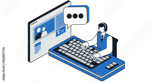 Customer Service Representative Working on Computer with Headset.