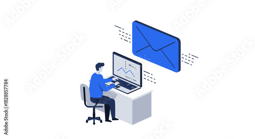 Man Working on Laptop with Email Symbol.