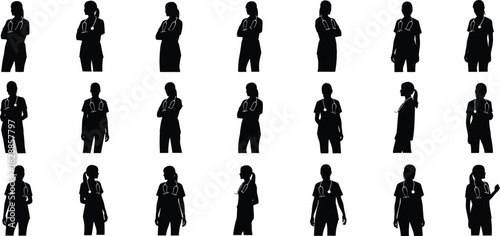Medical professional silhouettes, healthcare worker poses, doctor icons, nurse illustration, stethoscope figure, hospital staff, clinical posture, medical uniform