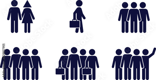 People icons, business group symbols, team silhouettes, professional figures, walking person, briefcase icon, social interaction, demographic illustration