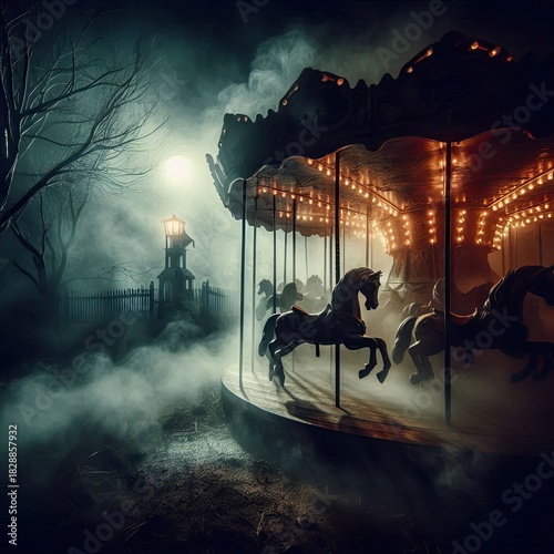 A haunting dark carnival scene with a shadowy carousel, eerie atmosphere, vintage textures, and cinematic horror mood for dramatic storytelling visuals.