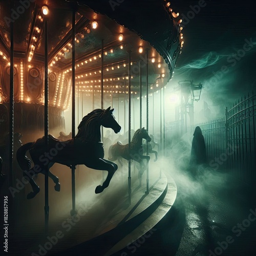 A haunting dark carnival scene with a shadowy carousel, eerie atmosphere, vintage textures, and cinematic horror mood for dramatic storytelling visuals.