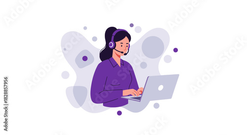 Female Customer Service Representative Working on Laptop.