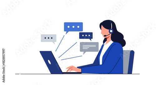 Customer Service Representative Working on Laptop with Headset.