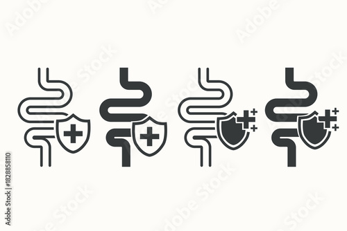 Minimal vector icons of intestine health and digestive system concepts. Suitable for medical graphics, gut health content, anatomy illustrations, and healthcare materials.