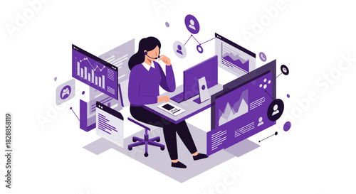 Woman Working at Desk with Computer and Data.