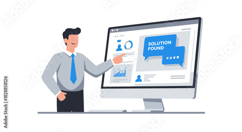 Businessman Presenting Solution Found on Computer Screen.
