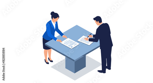 Businesspeople Signing Contract on Blue Table.