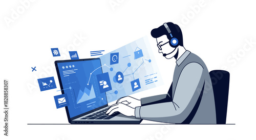 Customer Service Representative Working on Laptop with Data.