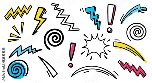 Collection of colorful hand-drawn doodle elements in a retro comic book style, featuring lightning bolts, zigzags, spirals, and exclamation marks for expressing energetic emotions